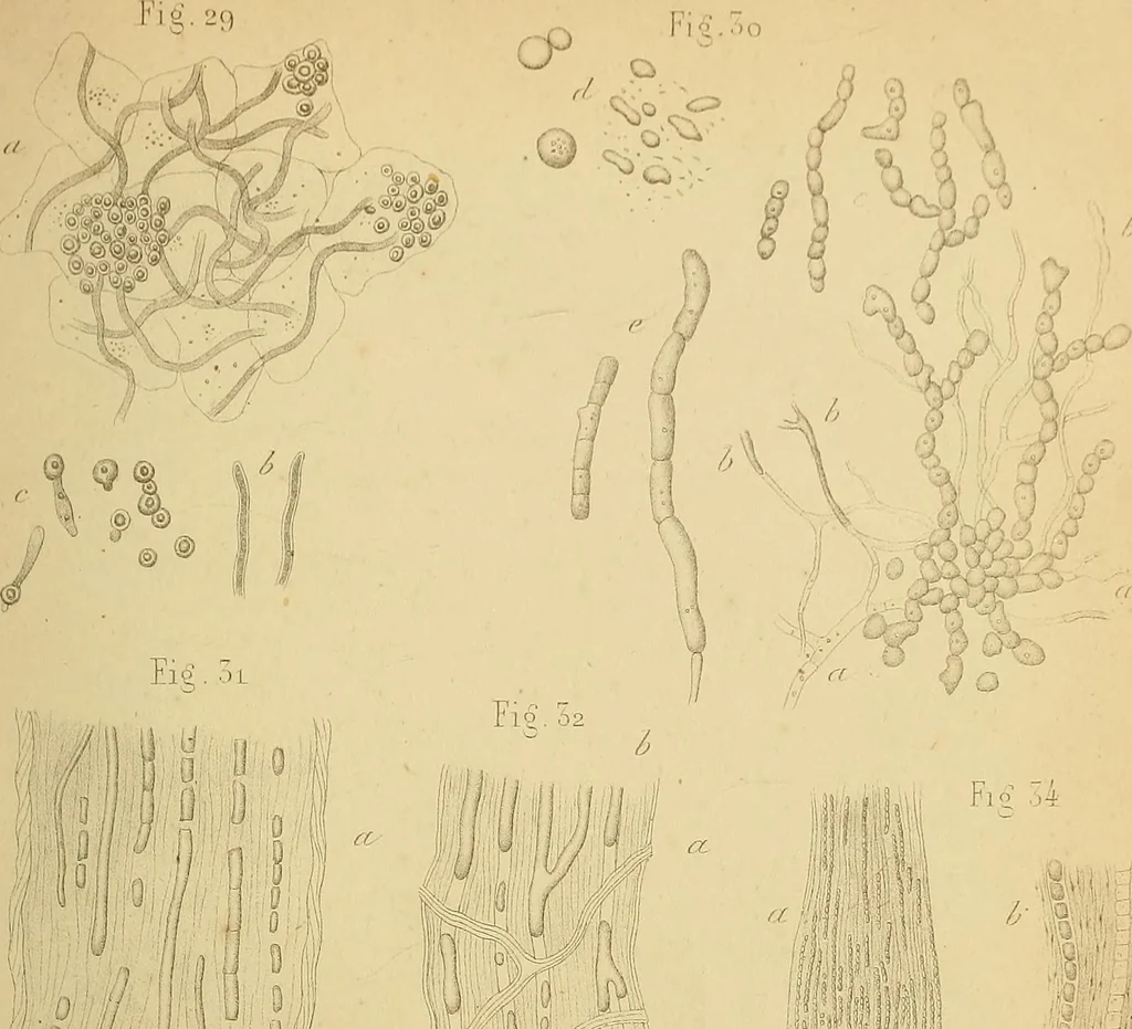An illustration from Handbuch der klinischen Mikroskopie : mit Berücksichtigung der wichtigsten chemischen Untersuchungen am Krankenbette und der Verwendung des Mikroskopes in der gerichtlichen Medicin, 1883, leaf 280