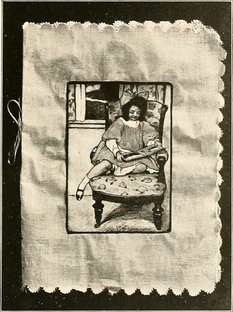 An illustration from Handicraft for girls; a tentative course in needlework, basketry, designing, paper and cardboard construction, textile fibers and fabrics and home decoration and care, designed for use in schools and homes, 1910, leaf 105