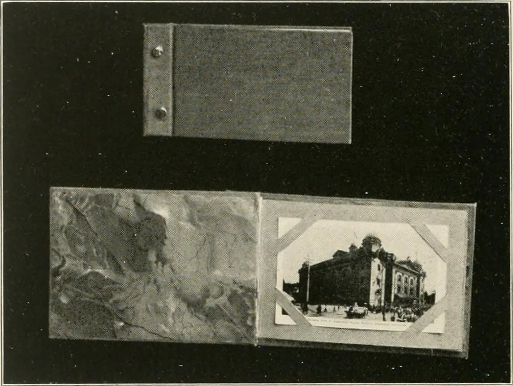 An illustration from Handicraft for girls; a tentative course in needlework, basketry, designing, paper and cardboard construction, textile fibers and fabrics and home decoration and care, designed for use in schools and homes, 1910, leaf 112
