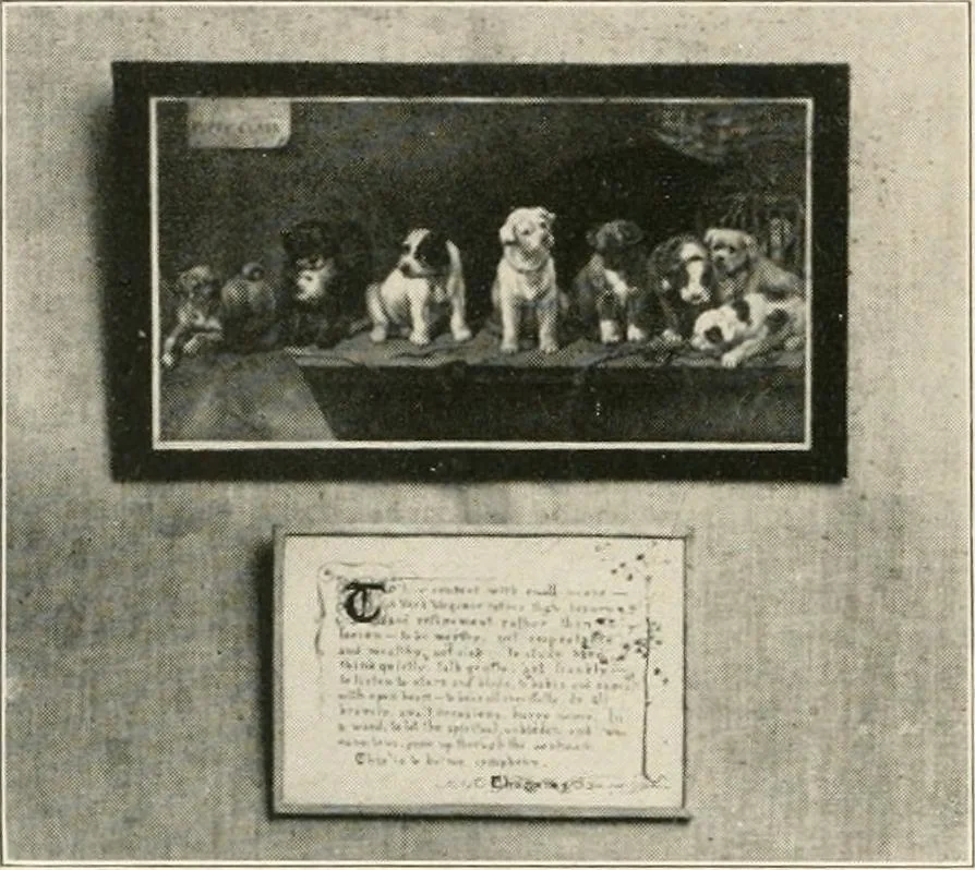An illustration from Handicraft for girls; a tentative course in needlework, basketry, designing, paper and cardboard construction, textile fibers and fabrics and home decoration and care, designed for use in schools and homes, 1910, leaf 114