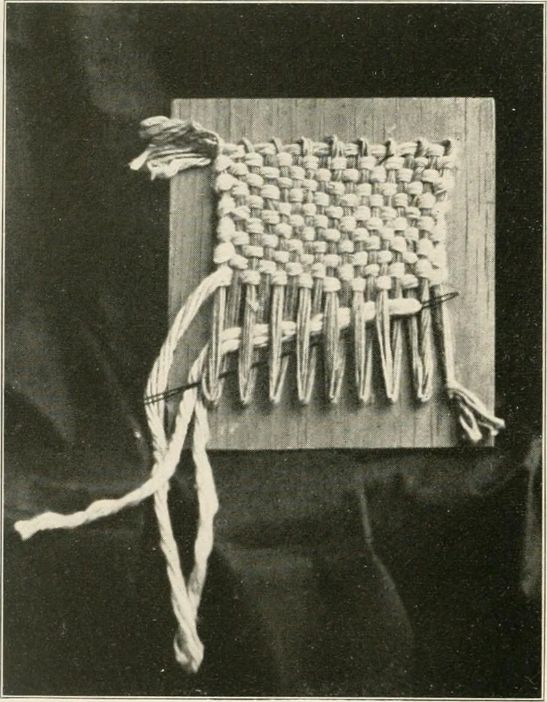 An illustration from Handicraft for girls; a tentative course in needlework, basketry, designing, paper and cardboard construction, textile fibers and fabrics and home decoration and care, designed for use in schools and homes, 1910, leaf 18