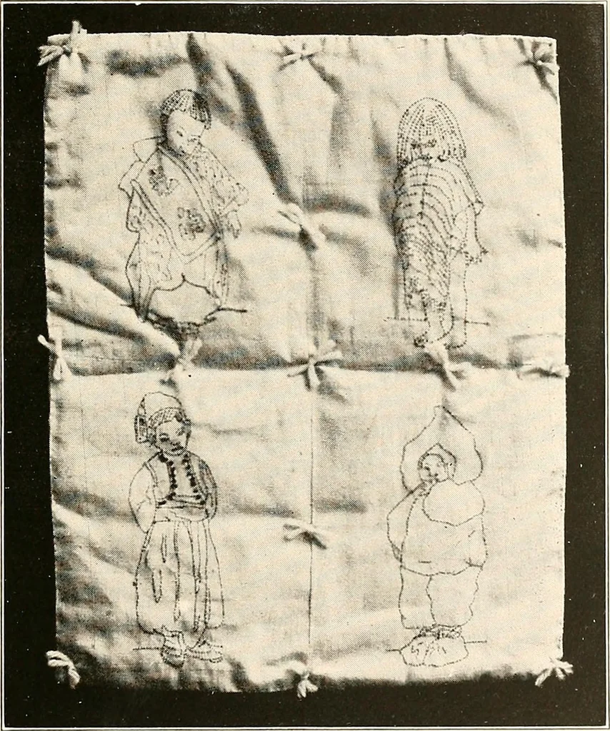 An illustration from Handicraft for girls; a tentative course in needlework, basketry, designing, paper and cardboard construction, textile fibers and fabrics and home decoration and care, designed for use in schools and homes, 1910, leaf 21