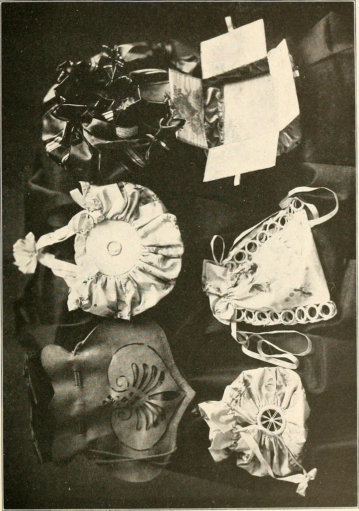 An illustration from Handicraft for girls; a tentative course in needlework, basketry, designing, paper and cardboard construction, textile fibers and fabrics and home decoration and care, designed for use in schools and homes, 1910, leaf 27
