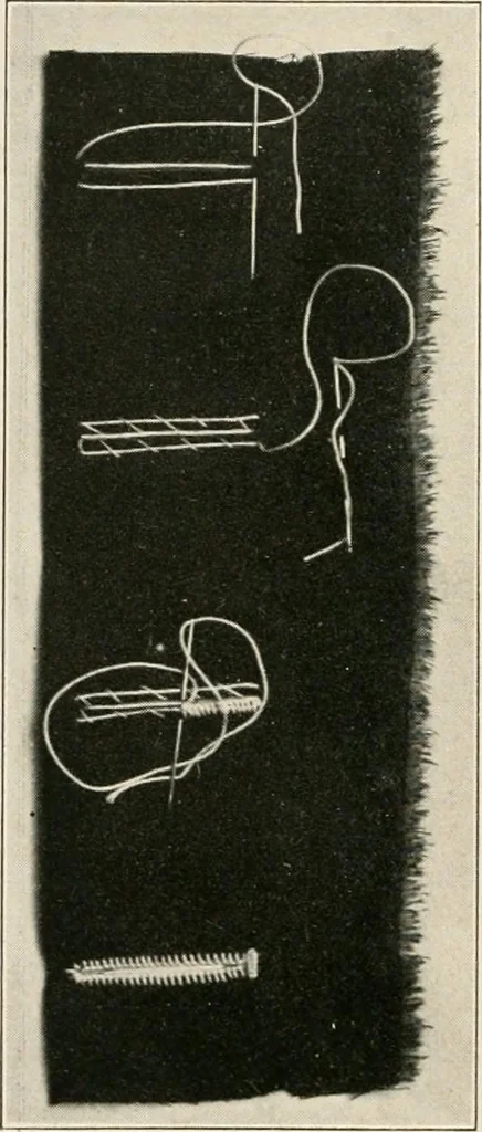 An illustration from Handicraft for girls; a tentative course in needlework, basketry, designing, paper and cardboard construction, textile fibers and fabrics and home decoration and care, designed for use in schools and homes, 1910, leaf 70