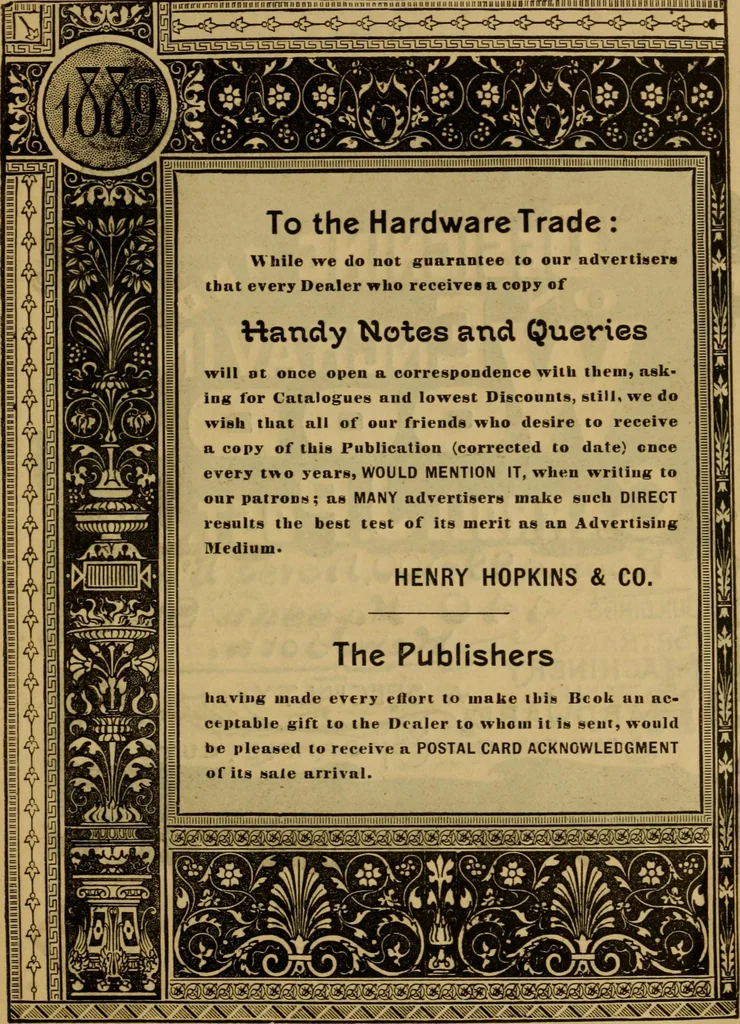 An illustration from Handy notes and queries. A manual of useful information of especial importance to dealers in hardware, stoves and tinware, machinists', gas-fitters' and plumbers' materials, as well as the various workers in useful metals .., 1889, leaf 10