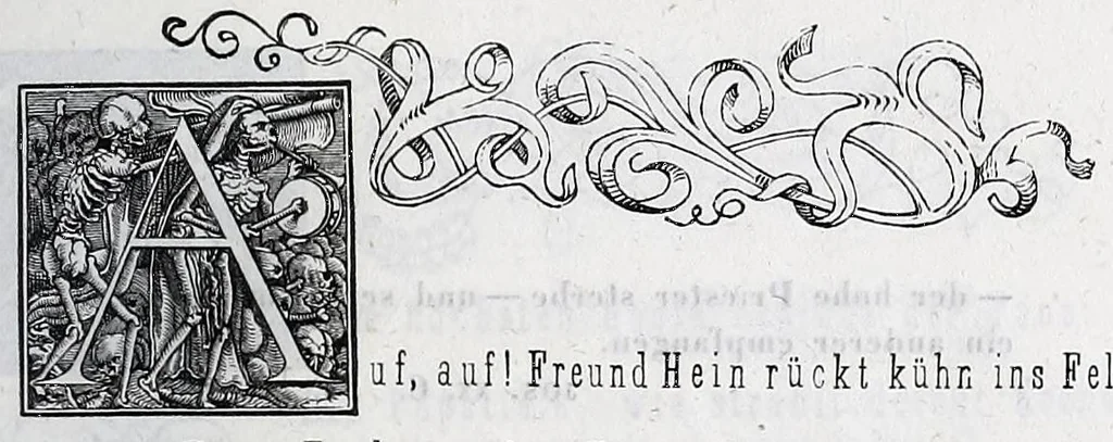 An illustration from Hans Holbein's initial-buchstaben mit dem todtentanz. Nach Hans Lutzelburger's original-holzschnitten im Dresdner Kabinet zum ersten mal treu copirt von Heinrich Loedel. Mit erläuternden denkversen und einer geschichtlichen abhandlung über die todtentänze von Dr. Adolf Ellisen .., 1849, leaf 19