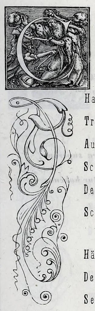 An illustration from Hans Holbein's initial-buchstaben mit dem todtentanz. Nach Hans Lutzelburger's original-holzschnitten im Dresdner Kabinet zum ersten mal treu copirt von Heinrich Loedel. Mit erläuternden denkversen und einer geschichtlichen abhandlung über die todtentänze von Dr. Adolf Ellisen .., 1849, leaf 23