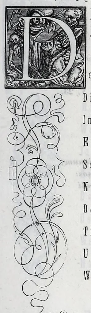 An illustration from Hans Holbein's initial-buchstaben mit dem todtentanz. Nach Hans Lutzelburger's original-holzschnitten im Dresdner Kabinet zum ersten mal treu copirt von Heinrich Loedel. Mit erläuternden denkversen und einer geschichtlichen abhandlung über die todtentänze von Dr. Adolf Ellisen .., 1849, leaf 25
