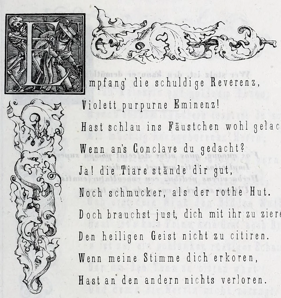 An illustration from Hans Holbein's initial-buchstaben mit dem todtentanz. Nach Hans Lutzelburger's original-holzschnitten im Dresdner Kabinet zum ersten mal treu copirt von Heinrich Loedel. Mit erläuternden denkversen und einer geschichtlichen abhandlung über die todtentänze von Dr. Adolf Ellisen .., 1849, leaf 27