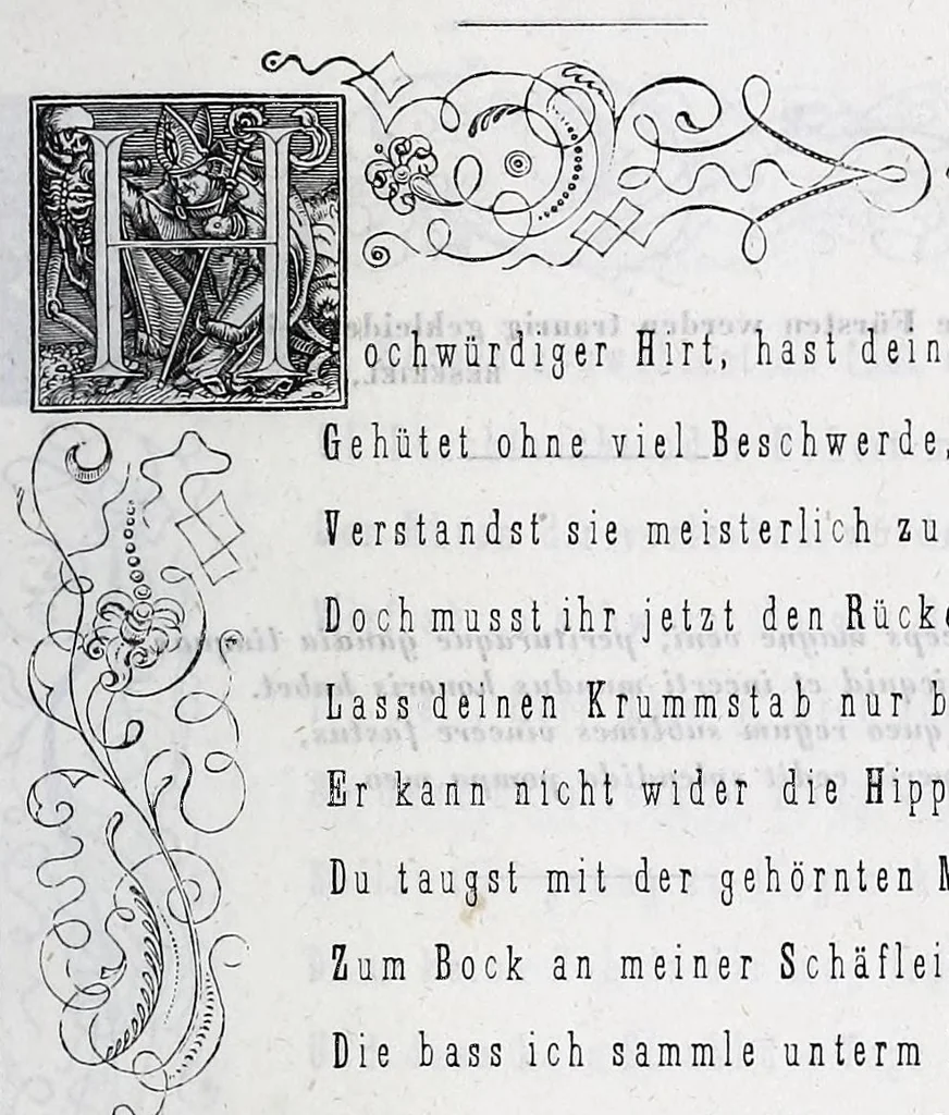 An illustration from Hans Holbein's initial-buchstaben mit dem todtentanz. Nach Hans Lutzelburger's original-holzschnitten im Dresdner Kabinet zum ersten mal treu copirt von Heinrich Loedel. Mit erläuternden denkversen und einer geschichtlichen abhandlung über die todtentänze von Dr. Adolf Ellisen .., 1849, leaf 33