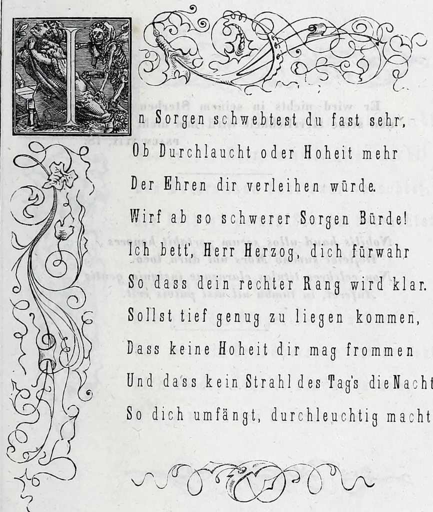 An illustration from Hans Holbein's initial-buchstaben mit dem todtentanz. Nach Hans Lutzelburger's original-holzschnitten im Dresdner Kabinet zum ersten mal treu copirt von Heinrich Loedel. Mit erläuternden denkversen und einer geschichtlichen abhandlung über die todtentänze von Dr. Adolf Ellisen .., 1849, leaf 35