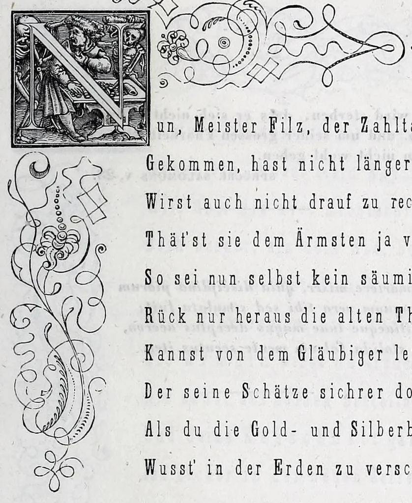 An illustration from Hans Holbein's initial-buchstaben mit dem todtentanz. Nach Hans Lutzelburger's original-holzschnitten im Dresdner Kabinet zum ersten mal treu copirt von Heinrich Loedel. Mit erläuternden denkversen und einer geschichtlichen abhandlung über die todtentänze von Dr. Adolf Ellisen .., 1849, leaf 43