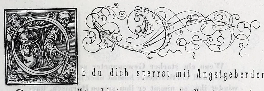 An illustration from Hans Holbein's initial-buchstaben mit dem todtentanz. Nach Hans Lutzelburger's original-holzschnitten im Dresdner Kabinet zum ersten mal treu copirt von Heinrich Loedel. Mit erläuternden denkversen und einer geschichtlichen abhandlung über die todtentänze von Dr. Adolf Ellisen .., 1849, leaf 45