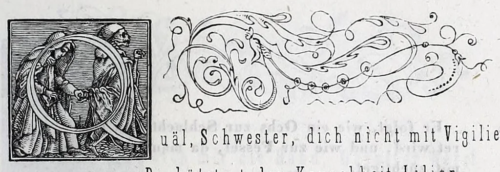 An illustration from Hans Holbein's initial-buchstaben mit dem todtentanz. Nach Hans Lutzelburger's original-holzschnitten im Dresdner Kabinet zum ersten mal treu copirt von Heinrich Loedel. Mit erläuternden denkversen und einer geschichtlichen abhandlung über die todtentänze von Dr. Adolf Ellisen .., 1849, leaf 49