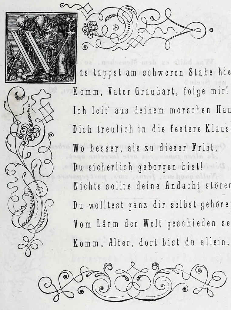 An illustration from Hans Holbein's initial-buchstaben mit dem todtentanz. Nach Hans Lutzelburger's original-holzschnitten im Dresdner Kabinet zum ersten mal treu copirt von Heinrich Loedel. Mit erläuternden denkversen und einer geschichtlichen abhandlung über die todtentänze von Dr. Adolf Ellisen .., 1849, leaf 59