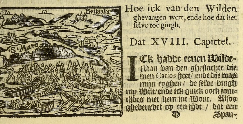 An illustration from Hans Staden van Homborgs beschrijvinghe van America, wiens inwoonders, wildt, naeckt, seer godloos, ende wreede menschen-eters zijn, hoe hy selve onder de Brasilianen lange gevangen geseten heeft ., 1634, leaf 29