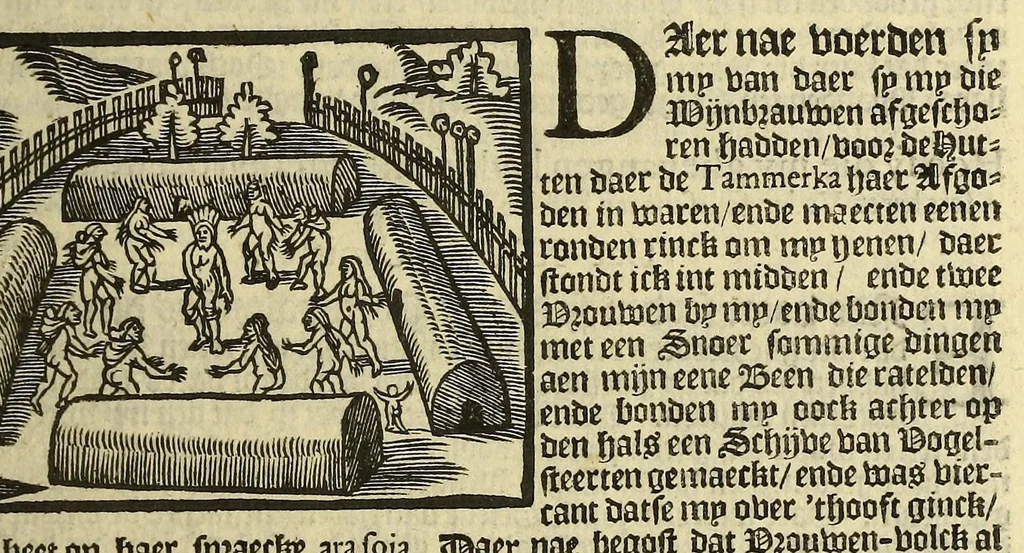 An illustration from Hans Staden van Homborgs beschrijvinghe van America, wiens inwoonders, wildt, naeckt, seer godloos, ende wreede menschen-eters zijn, hoe hy selve onder de Brasilianen lange gevangen geseten heeft ., 1634, leaf 35