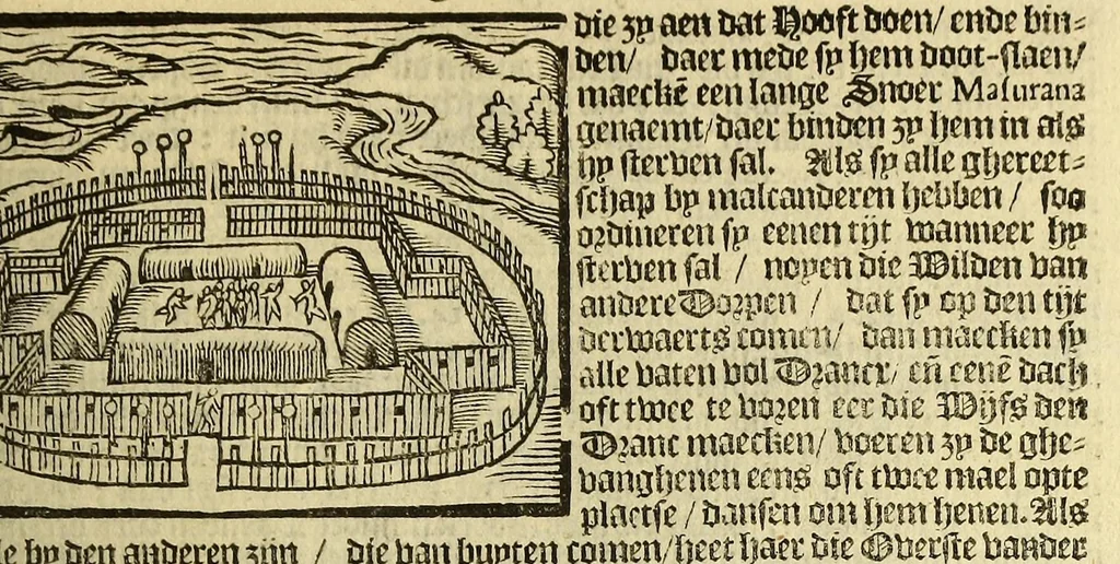 An illustration from Hans Staden van Homborgs beschrijvinghe van America, wiens inwoonders, wildt, naeckt, seer godloos, ende wreede menschen-eters zijn, hoe hy selve onder de Brasilianen lange gevangen geseten heeft ., 1634, leaf 79