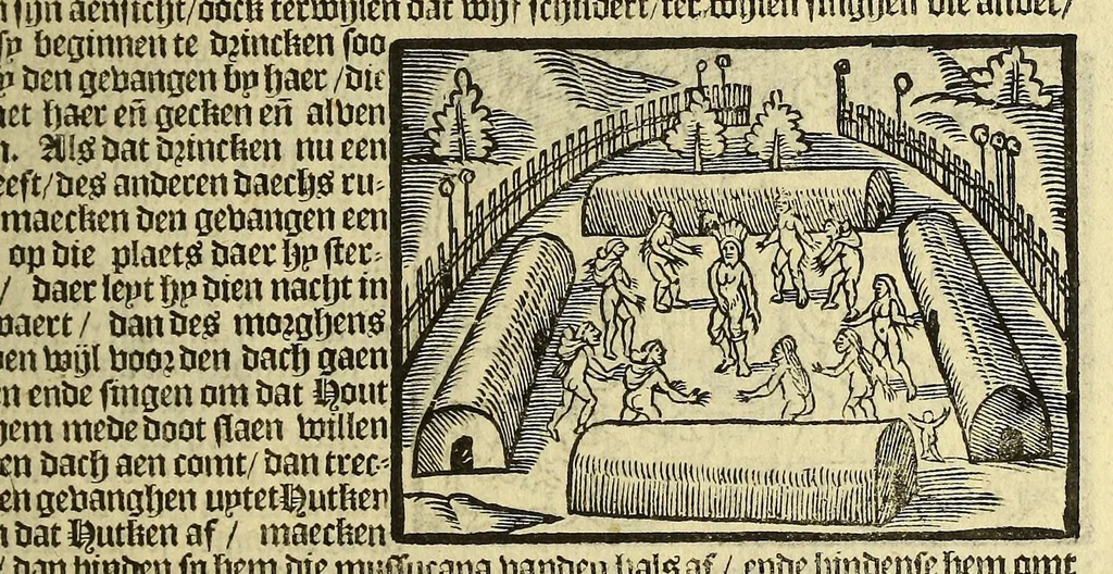 An illustration from Hans Staden van Homborgs beschrijvinghe van America, wiens inwoonders, wildt, naeckt, seer godloos, ende wreede menschen-eters zijn, hoe hy selve onder de Brasilianen lange gevangen geseten heeft ., 1634, leaf 79