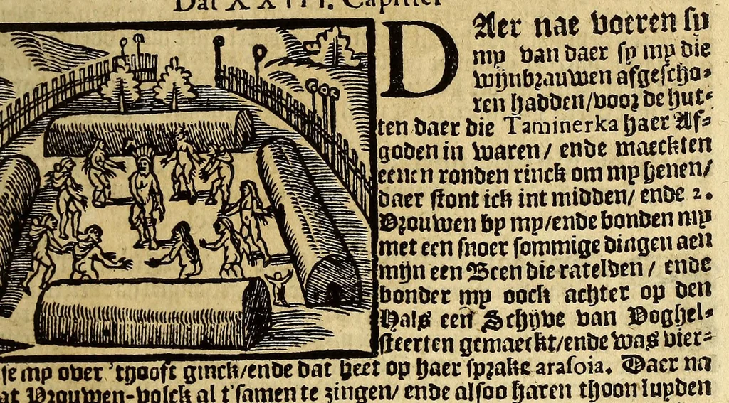 An illustration from Hans Staden van Homborgs beschrijvinghe van America, wiens inwoonders, wilt, naeckt, seer godtloos ende wreede menschen-eters zijn, hoe hy selve onder de Brasilianen langhe ghevangen gheseten heest ., 1627, leaf 37