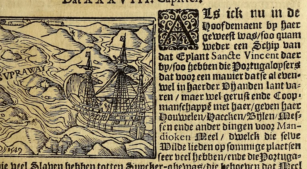 An illustration from Hans Staden van Homborgs beschrijvinghe van America, wiens inwoonders, wilt, naeckt, seer godtloos ende wreede menschen-eters zijn, hoe hy selve onder de Brasilianen langhe ghevangen gheseten heest ., 1627, leaf 49