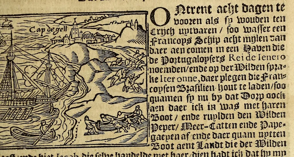 An illustration from Hans Staden van Homborgs beschrijvinghe van America, wiens inwoonders, wilt, naeckt, seer godtloos ende wreede menschen-eters zijn, hoe hy selve onder de Brasilianen langhe ghevangen gheseten heest ., 1627, leaf 53