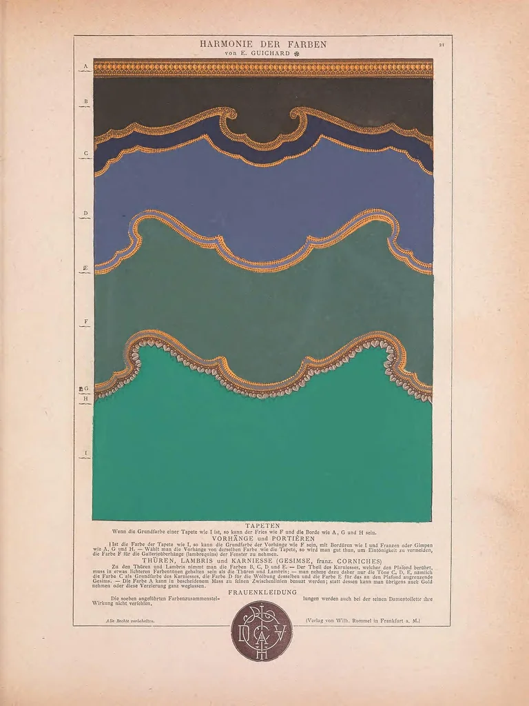An illustration from Die Harmonie der Farben : 1300 Zusammenstellungen von Farbenverbindungen für die Kunst-Industrie, für dekorative Zimmerausstattungen, Kostüme und Toilette, 1882, leaf 71