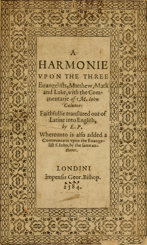 An illustration from A Harmonie upon the three evangelists, Matthew, Mark and Luke, with the commentarie of M. Iohn Calvine : faithfullie translated out of Latine into English, 1610, leaf 6