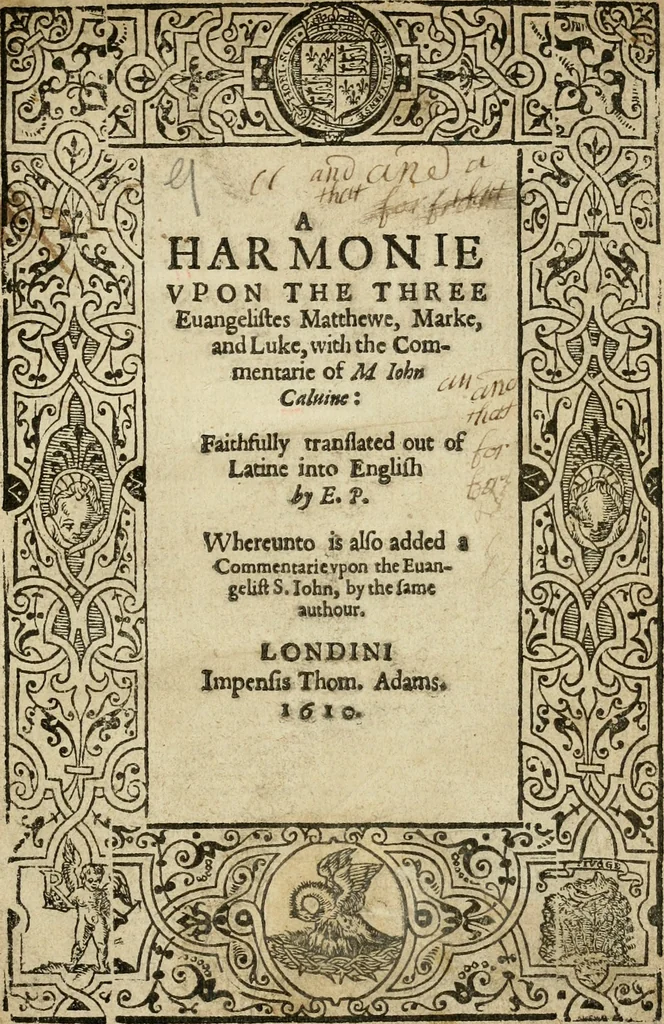 An illustration from A harmonie vpon the three euangelistes Matthewe, Marke, and Luke : with the commentarie of M. Iohn Caluine, 1610, leaf 4