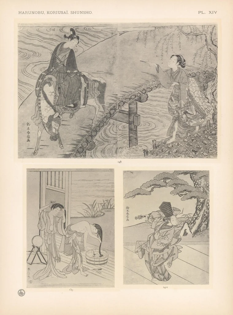 An illustration from Harunobu, Koriusaï, Shunsho : estampes japonaises tirées des collections de mm. Bing, Bouasse-Lebel, Bullier [etc.] ... et exposées au Musée des arts décoratifs en janvier 1910, 1910, leaf 76