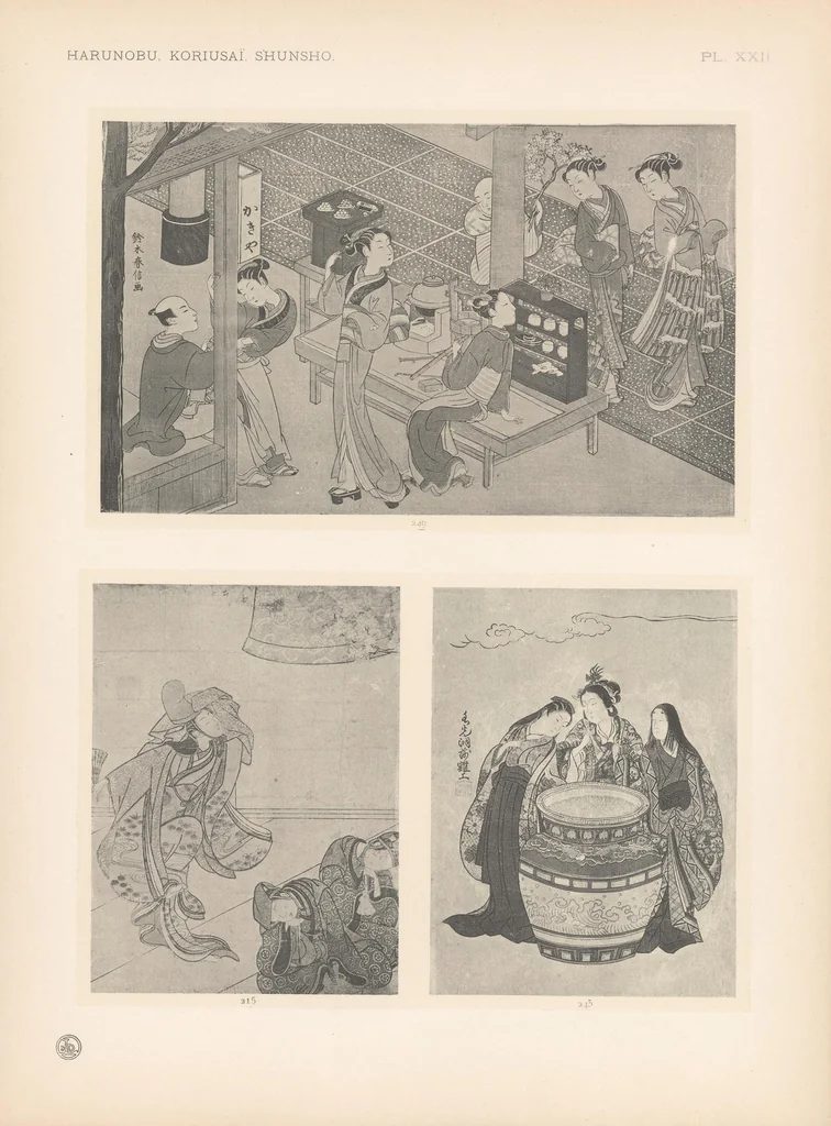 An illustration from Harunobu, Koriusaï, Shunsho : estampes japonaises tirées des collections de mm. Bing, Bouasse-Lebel, Bullier [etc.] ... et exposées au Musée des arts décoratifs en janvier 1910, 1910, leaf 84