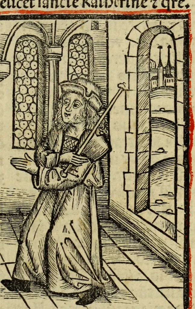 An illustration from Hec est noua queda[m] singular[is] at[que] rara legenda ed alijs sex lege[n]dis collecta et perfecta tractans de origine, et vite, ordine, de conuersione, ac magistrali disputatione, ast de passione, morte, [&] miraculis generose regine, necnon gloriose virginis et martiris sancte Katherine, ciuis quo[que] olim erat vrbis Alexandrine, 1500, leaf 12