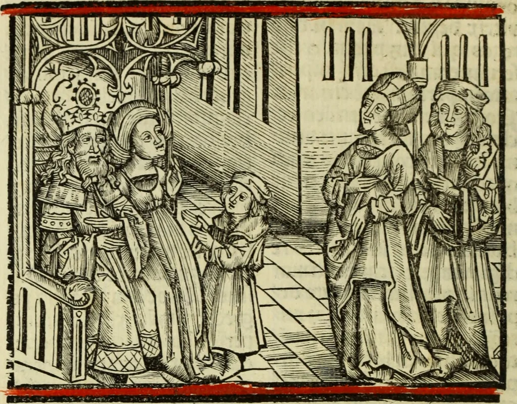 An illustration from Hec est noua queda[m] singular[is] at[que] rara legenda ed alijs sex lege[n]dis collecta et perfecta tractans de origine, et vite, ordine, de conuersione, ac magistrali disputatione, ast de passione, morte, [&] miraculis generose regine, necnon gloriose virginis et martiris sancte Katherine, ciuis quo[que] olim erat vrbis Alexandrine, 1500, leaf 17