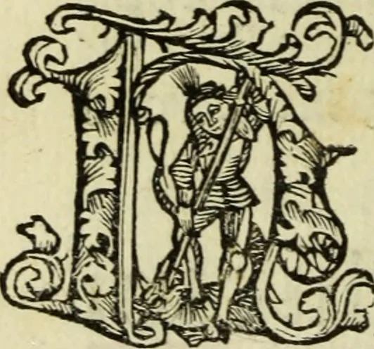 An illustration from Hec est noua queda[m] singular[is] at[que] rara legenda ed alijs sex lege[n]dis collecta et perfecta tractans de origine, et vite, ordine, de conuersione, ac magistrali disputatione, ast de passione, morte, [&] miraculis generose regine, necnon gloriose virginis et martiris sancte Katherine, ciuis quo[que] olim erat vrbis Alexandrine, 1500, leaf 17