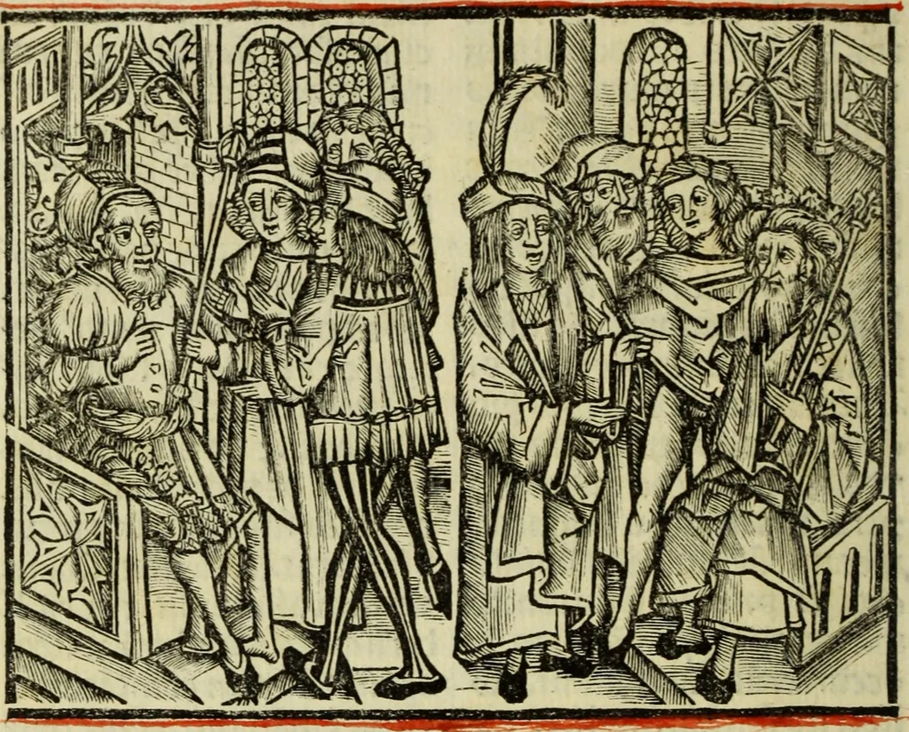 An illustration from Hec est noua queda[m] singular[is] at[que] rara legenda ed alijs sex lege[n]dis collecta et perfecta tractans de origine, et vite, ordine, de conuersione, ac magistrali disputatione, ast de passione, morte, [&] miraculis generose regine, necnon gloriose virginis et martiris sancte Katherine, ciuis quo[que] olim erat vrbis Alexandrine, 1500, leaf 21
