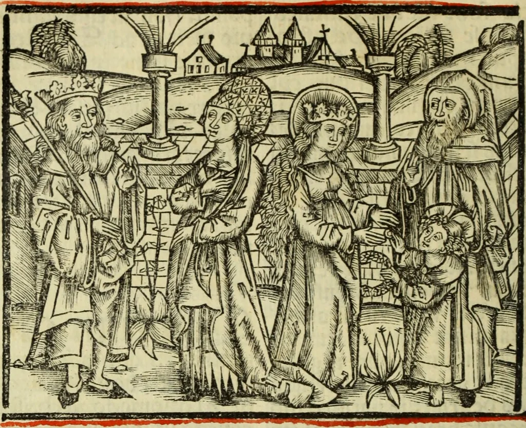 An illustration from Hec est noua queda[m] singular[is] at[que] rara legenda ed alijs sex lege[n]dis collecta et perfecta tractans de origine, et vite, ordine, de conuersione, ac magistrali disputatione, ast de passione, morte, [&] miraculis generose regine, necnon gloriose virginis et martiris sancte Katherine, ciuis quo[que] olim erat vrbis Alexandrine, 1500, leaf 29