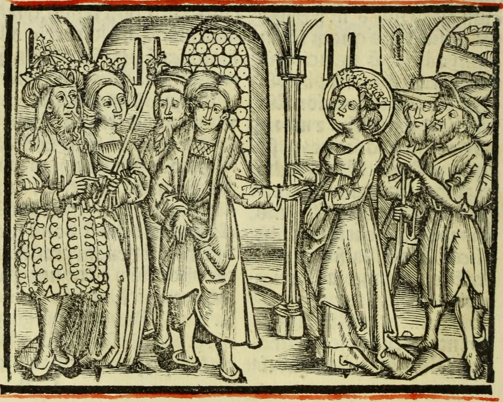 An illustration from Hec est noua queda[m] singular[is] at[que] rara legenda ed alijs sex lege[n]dis collecta et perfecta tractans de origine, et vite, ordine, de conuersione, ac magistrali disputatione, ast de passione, morte, [&] miraculis generose regine, necnon gloriose virginis et martiris sancte Katherine, ciuis quo[que] olim erat vrbis Alexandrine, 1500, leaf 31