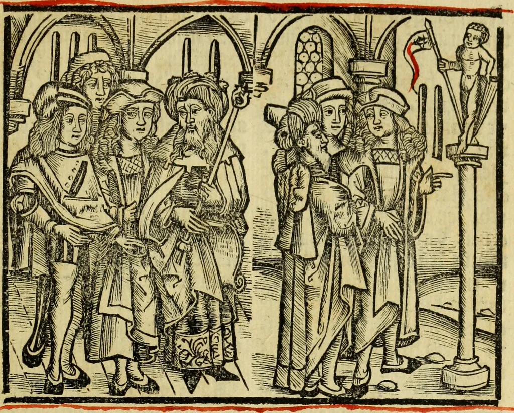 An illustration from Hec est noua queda[m] singular[is] at[que] rara legenda ed alijs sex lege[n]dis collecta et perfecta tractans de origine, et vite, ordine, de conuersione, ac magistrali disputatione, ast de passione, morte, [&] miraculis generose regine, necnon gloriose virginis et martiris sancte Katherine, ciuis quo[que] olim erat vrbis Alexandrine, 1500, leaf 38