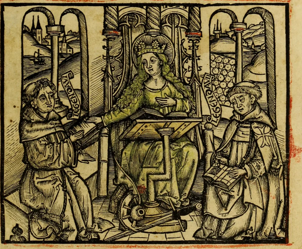 An illustration from Hec est noua queda[m] singular[is] at[que] rara legenda ed alijs sex lege[n]dis collecta et perfecta tractans de origine, et vite, ordine, de conuersione, ac magistrali disputatione, ast de passione, morte, [&] miraculis generose regine, necnon gloriose virginis et martiris sancte Katherine, ciuis quo[que] olim erat vrbis Alexandrine, 1500, leaf 4