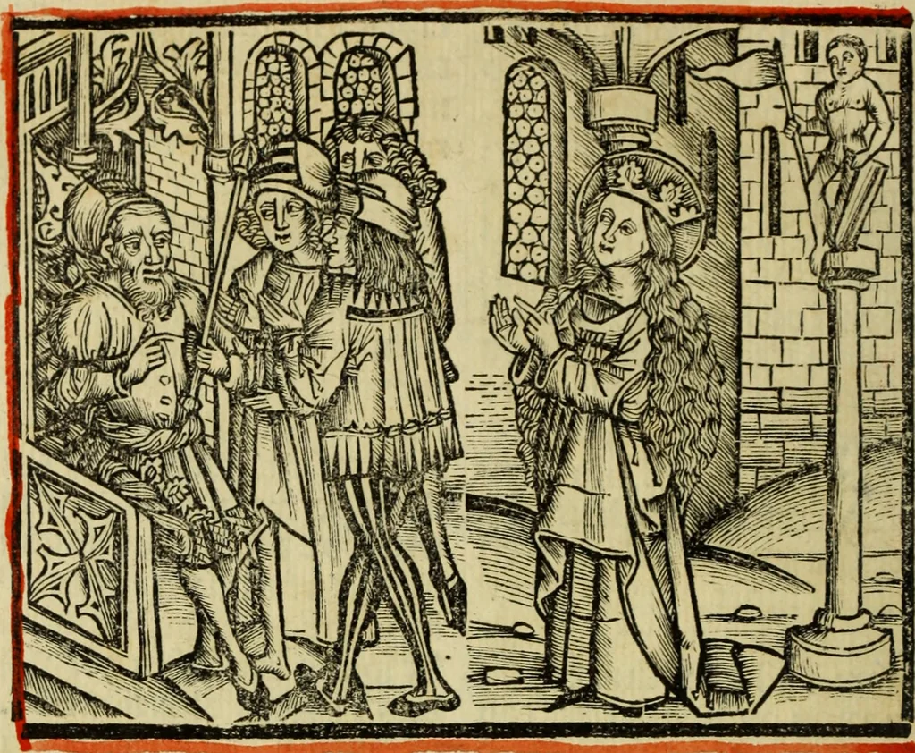 An illustration from Hec est noua queda[m] singular[is] at[que] rara legenda ed alijs sex lege[n]dis collecta et perfecta tractans de origine, et vite, ordine, de conuersione, ac magistrali disputatione, ast de passione, morte, [&] miraculis generose regine, necnon gloriose virginis et martiris sancte Katherine, ciuis quo[que] olim erat vrbis Alexandrine, 1500, leaf 45