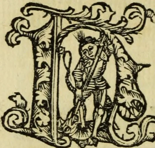An illustration from Hec est noua queda[m] singular[is] at[que] rara legenda ed alijs sex lege[n]dis collecta et perfecta tractans de origine, et vite, ordine, de conuersione, ac magistrali disputatione, ast de passione, morte, [&] miraculis generose regine, necnon gloriose virginis et martiris sancte Katherine, ciuis quo[que] olim erat vrbis Alexandrine, 1500, leaf 45
