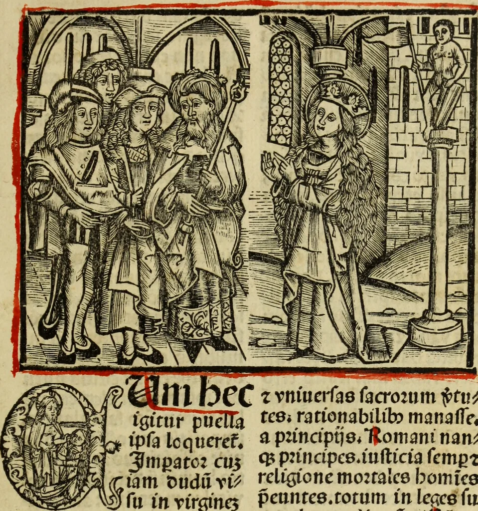 An illustration from Hec est noua queda[m] singular[is] at[que] rara legenda ed alijs sex lege[n]dis collecta et perfecta tractans de origine, et vite, ordine, de conuersione, ac magistrali disputatione, ast de passione, morte, [&] miraculis generose regine, necnon gloriose virginis et martiris sancte Katherine, ciuis quo[que] olim erat vrbis Alexandrine, 1500, leaf 48