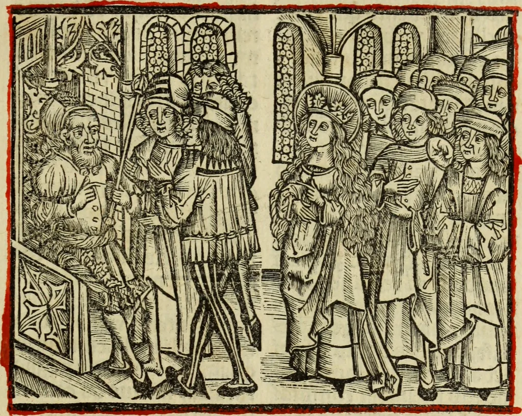 An illustration from Hec est noua queda[m] singular[is] at[que] rara legenda ed alijs sex lege[n]dis collecta et perfecta tractans de origine, et vite, ordine, de conuersione, ac magistrali disputatione, ast de passione, morte, [&] miraculis generose regine, necnon gloriose virginis et martiris sancte Katherine, ciuis quo[que] olim erat vrbis Alexandrine, 1500, leaf 54