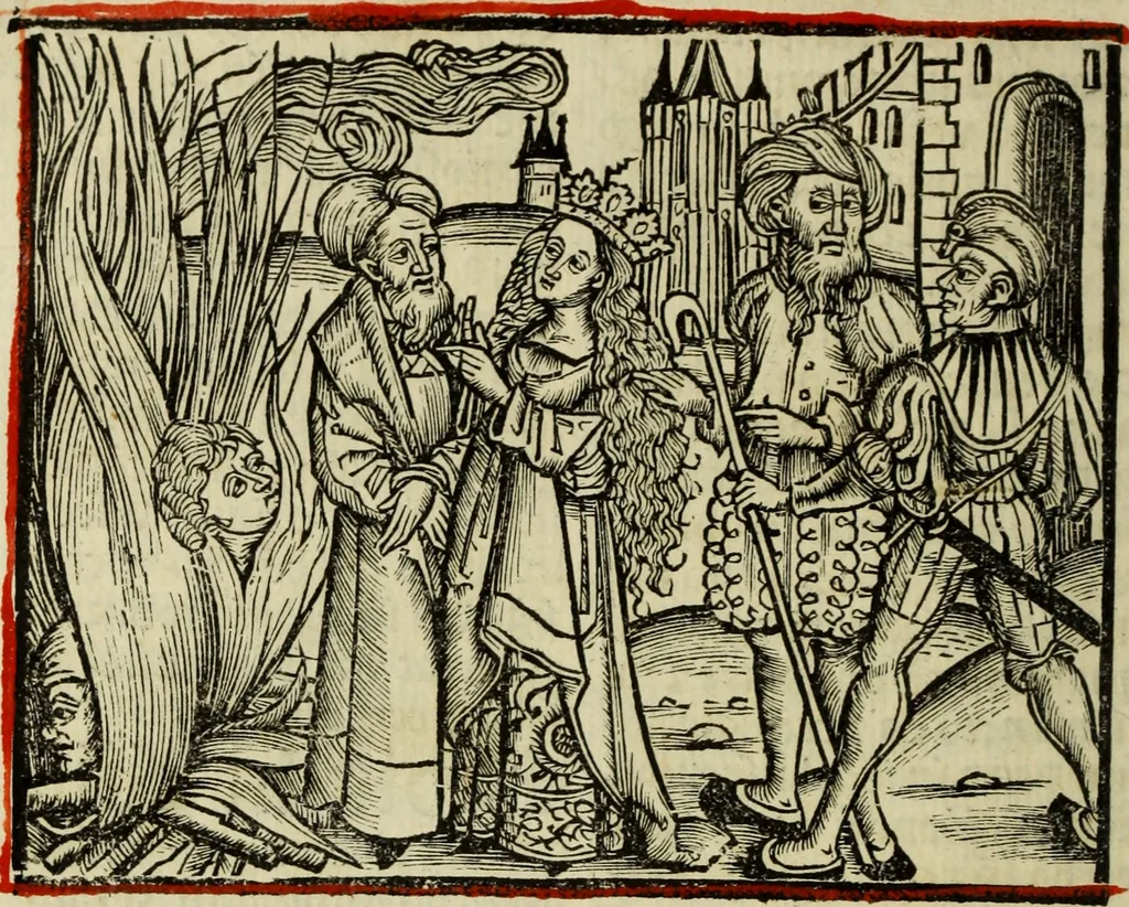 An illustration from Hec est noua queda[m] singular[is] at[que] rara legenda ed alijs sex lege[n]dis collecta et perfecta tractans de origine, et vite, ordine, de conuersione, ac magistrali disputatione, ast de passione, morte, [&] miraculis generose regine, necnon gloriose virginis et martiris sancte Katherine, ciuis quo[que] olim erat vrbis Alexandrine, 1500, leaf 57