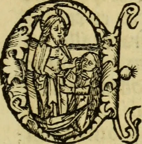 An illustration from Hec est noua queda[m] singular[is] at[que] rara legenda ed alijs sex lege[n]dis collecta et perfecta tractans de origine, et vite, ordine, de conuersione, ac magistrali disputatione, ast de passione, morte, [&] miraculis generose regine, necnon gloriose virginis et martiris sancte Katherine, ciuis quo[que] olim erat vrbis Alexandrine, 1500, leaf 6