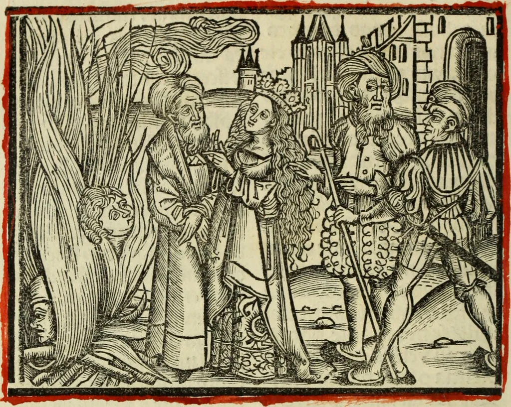 An illustration from Hec est noua queda[m] singular[is] at[que] rara legenda ed alijs sex lege[n]dis collecta et perfecta tractans de origine, et vite, ordine, de conuersione, ac magistrali disputatione, ast de passione, morte, [&] miraculis generose regine, necnon gloriose virginis et martiris sancte Katherine, ciuis quo[que] olim erat vrbis Alexandrine, 1500, leaf 65