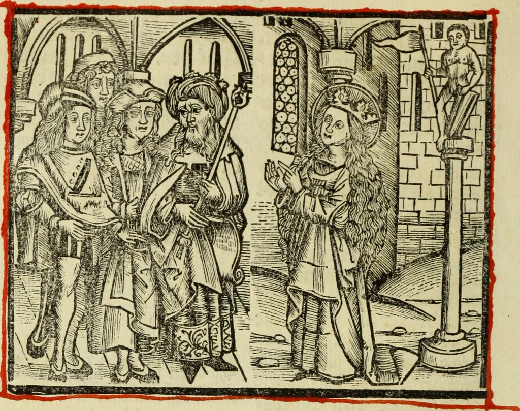An illustration from Hec est noua queda[m] singular[is] at[que] rara legenda ed alijs sex lege[n]dis collecta et perfecta tractans de origine, et vite, ordine, de conuersione, ac magistrali disputatione, ast de passione, morte, [&] miraculis generose regine, necnon gloriose virginis et martiris sancte Katherine, ciuis quo[que] olim erat vrbis Alexandrine, 1500, leaf 67