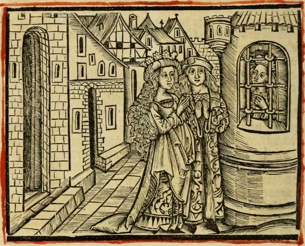 An illustration from Hec est noua queda[m] singular[is] at[que] rara legenda ed alijs sex lege[n]dis collecta et perfecta tractans de origine, et vite, ordine, de conuersione, ac magistrali disputatione, ast de passione, morte, [&] miraculis generose regine, necnon gloriose virginis et martiris sancte Katherine, ciuis quo[que] olim erat vrbis Alexandrine, 1500, leaf 71