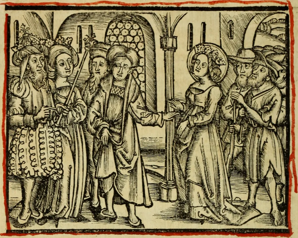 An illustration from Hec est noua queda[m] singular[is] at[que] rara legenda ed alijs sex lege[n]dis collecta et perfecta tractans de origine, et vite, ordine, de conuersione, ac magistrali disputatione, ast de passione, morte, [&] miraculis generose regine, necnon gloriose virginis et martiris sancte Katherine, ciuis quo[que] olim erat vrbis Alexandrine, 1500, leaf 73