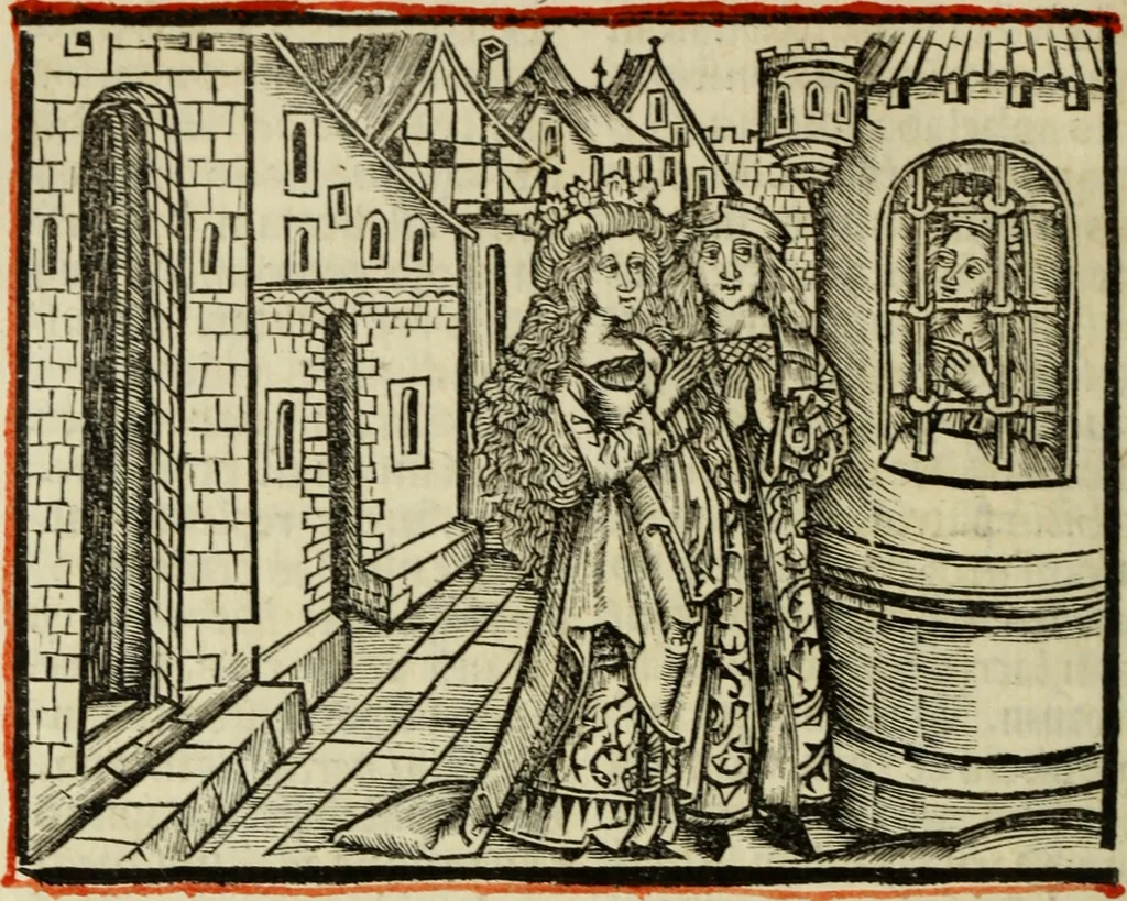 An illustration from Hec est noua queda[m] singular[is] at[que] rara legenda ed alijs sex lege[n]dis collecta et perfecta tractans de origine, et vite, ordine, de conuersione, ac magistrali disputatione, ast de passione, morte, [&] miraculis generose regine, necnon gloriose virginis et martiris sancte Katherine, ciuis quo[que] olim erat vrbis Alexandrine, 1500, leaf 79